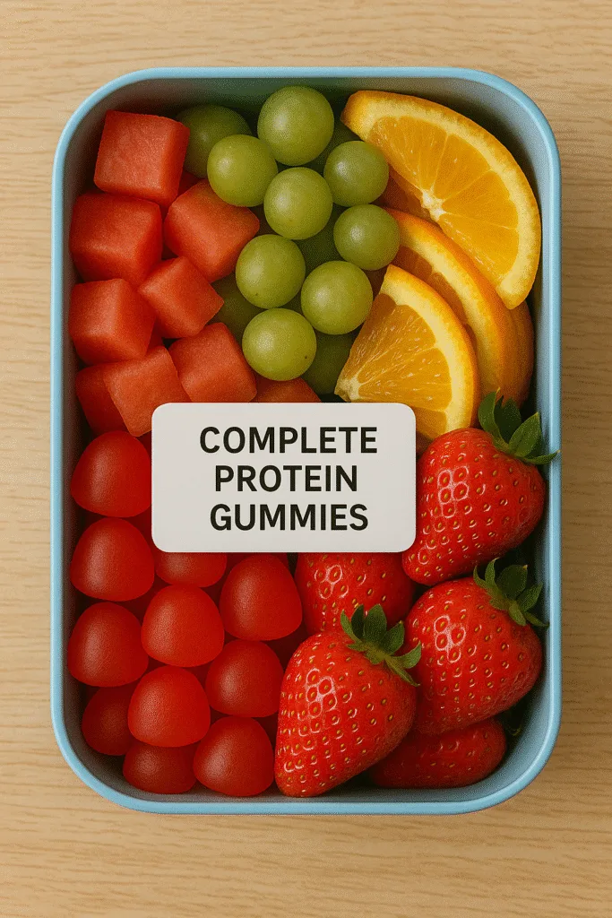 a lunch box with healthy gummies and high protein snacks
